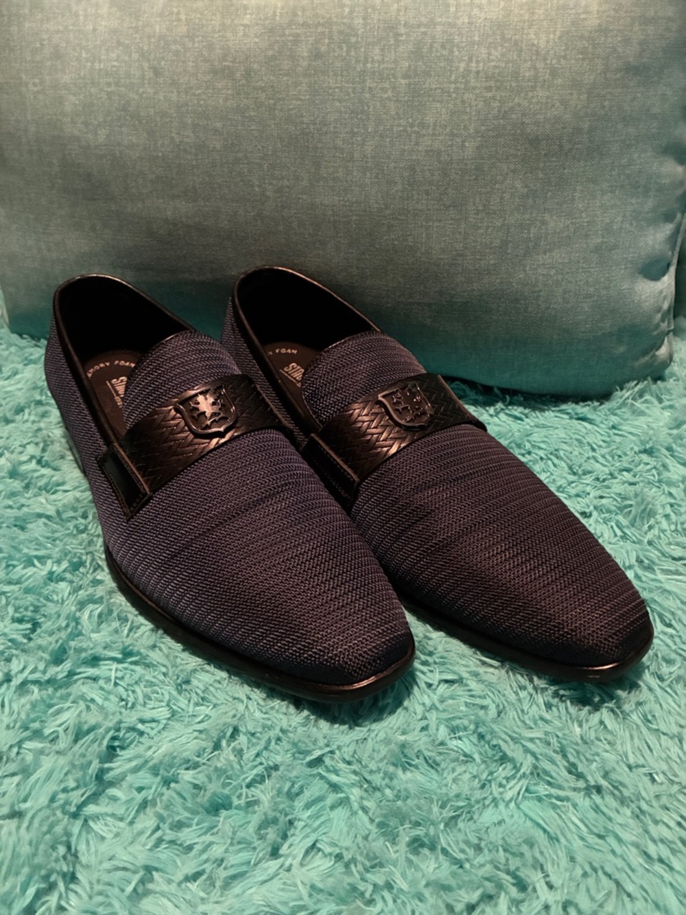 Stacy Adams Navy Knit Slip-On Loafers with Black Embossed Band